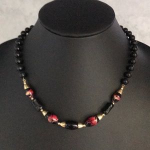 Vintage Black/Red/Gold Bead Necklace